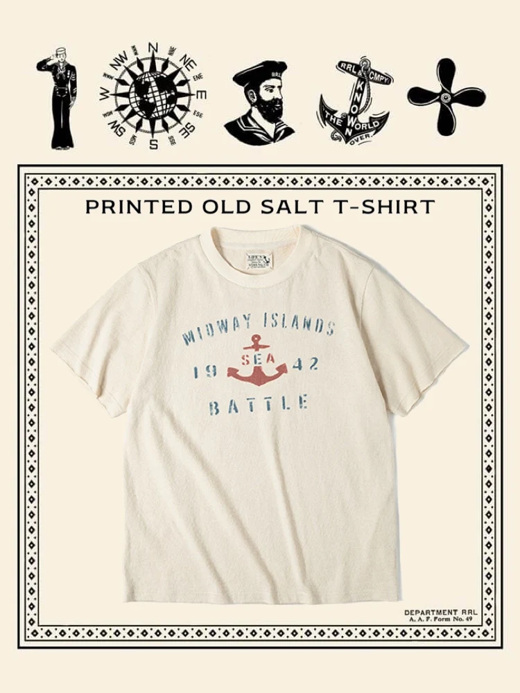 

RRL American Retro Nautical Anchor Print Cotton Seed ell White round Ne ort Sve T-irt Youth Casual Summer Breathable