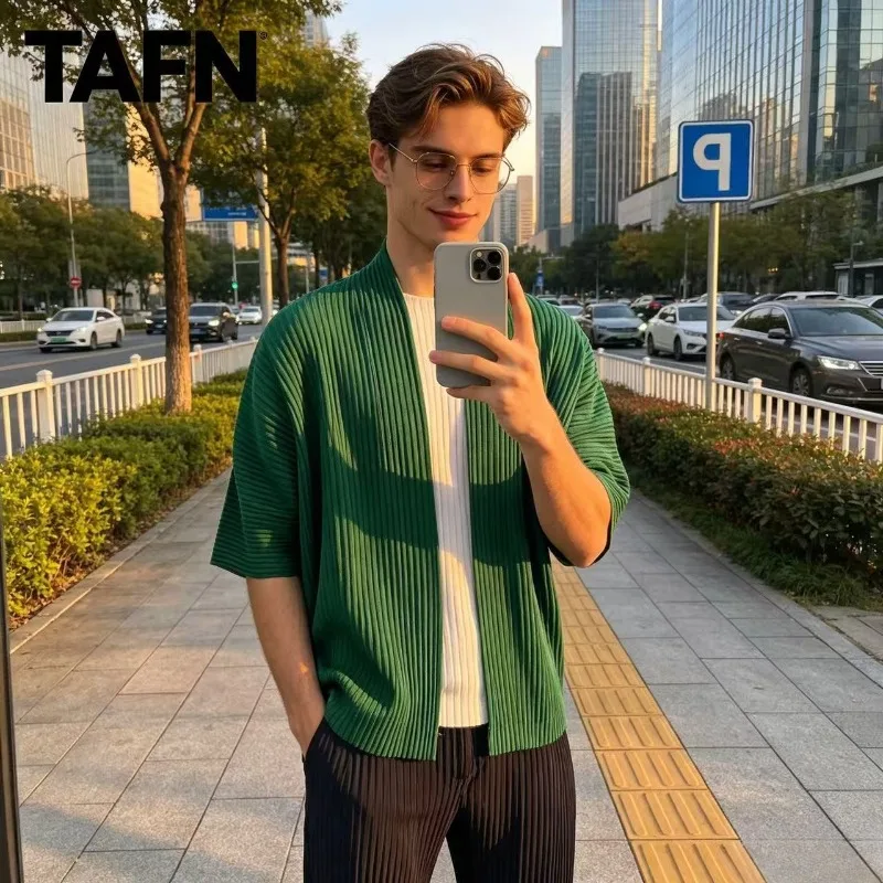 Miyake Pleated 2026 Short Sleeve Taoist Robe Men's Spring and Autumn New Season Loose Large Size Five-Quarter Sleeve Jacket