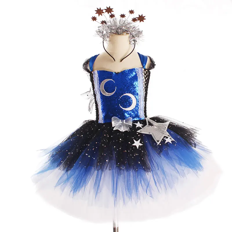 Halloween Costume For Baby Girl Lace TUTU Dress Kid Sling Up Star Moon Sequins Dance Tunic+Headband 2pcs Set Child Frock