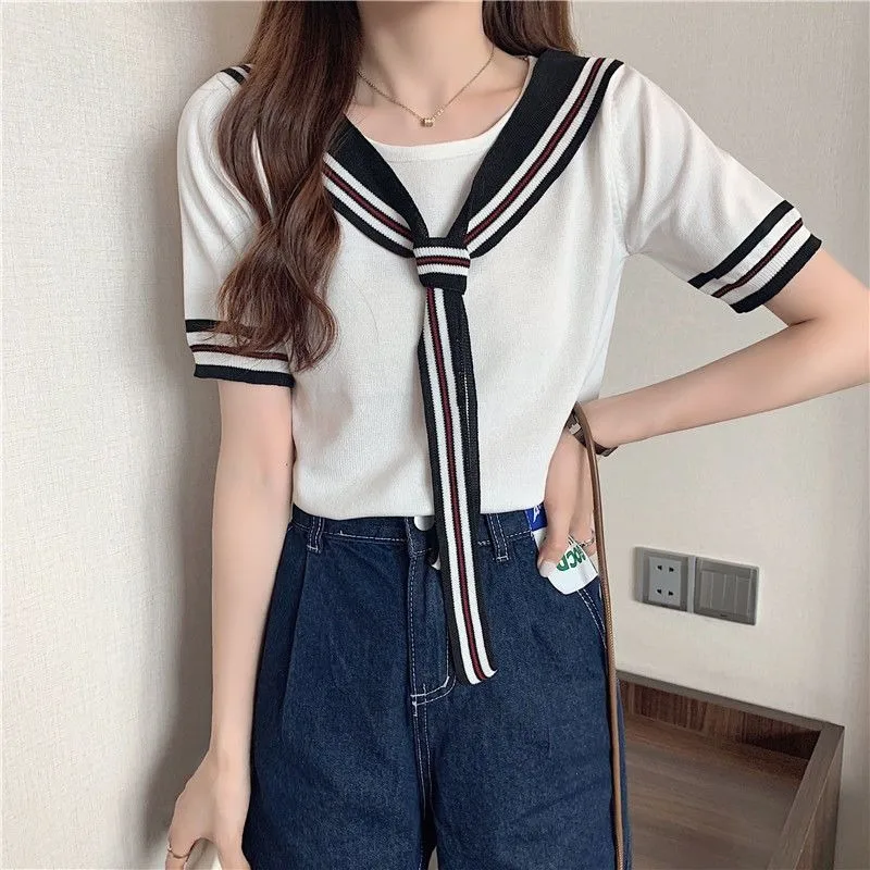 O-neck Bow Tie Striped Knitted T-shirts Women 2024 New Summer Short Sleeve Tops Students Sweet Versatile Casual Tees Female