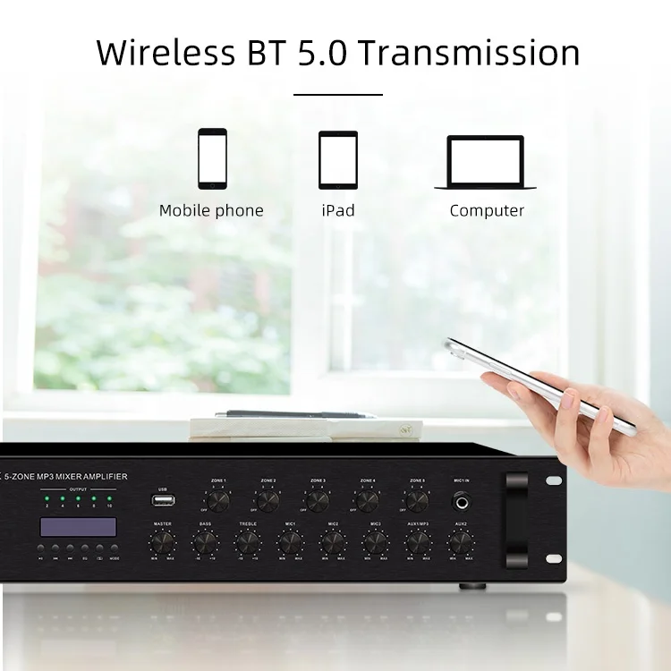 2025Professional 360W Audio Power Amplifier 5 Zone 2 Mic PA System New Condition BT Mixer for Public Address and Announcements