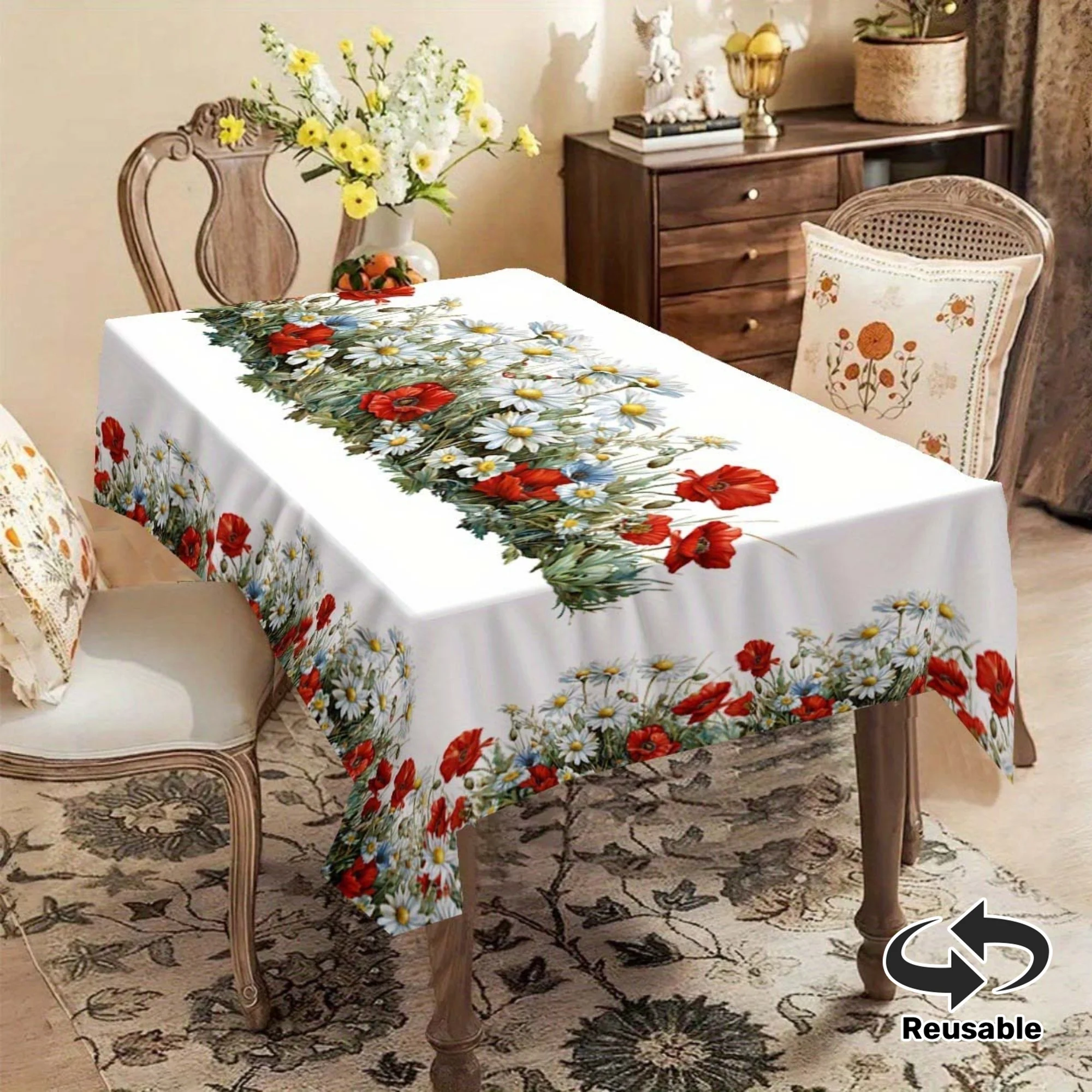 Tablecloth 1pc, Vibrant Red Poppy and White Daisy Floral Tablecloth - Digitally Printed Material, Reusable Rectangular Tablecloth, Suitable for Indoor/Outdoor Birthday Parties, Holiday Celebrations, Home Decor, Table Decor, Outdoor Dining Table
