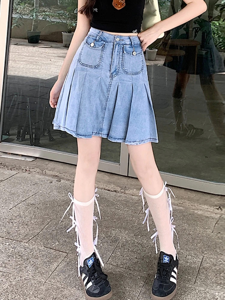 Qiukichonson 3XL Oversize Denim Skirt Women 2024 Summer Goth High Waisted Cute Soft Girl Ruffle Frilly Sexy Jeans Mini Skirt