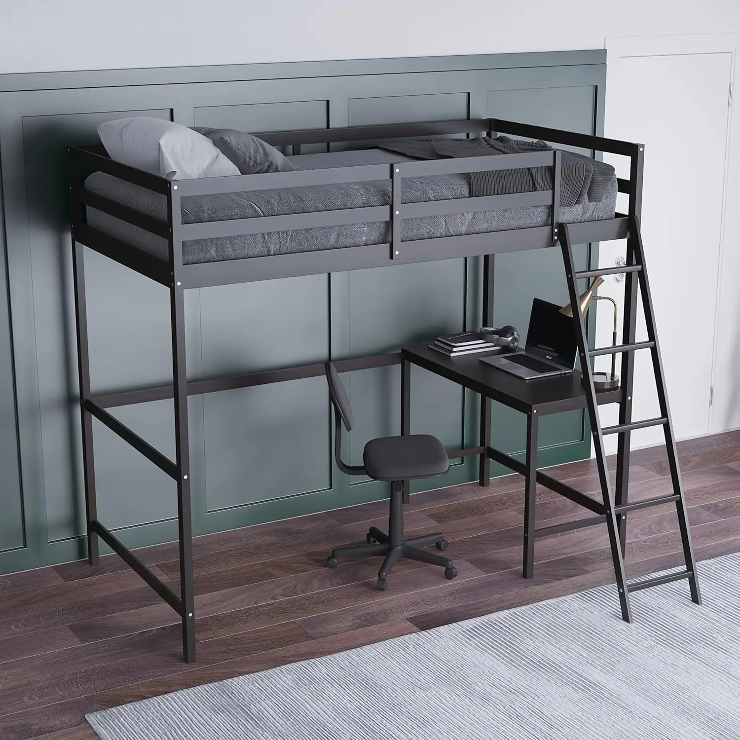 Emma + Oliver Ridley Twin Size Loft Bed Frame - Espresso Finished Pine Frame - Integrated Desk Underneath - Protective