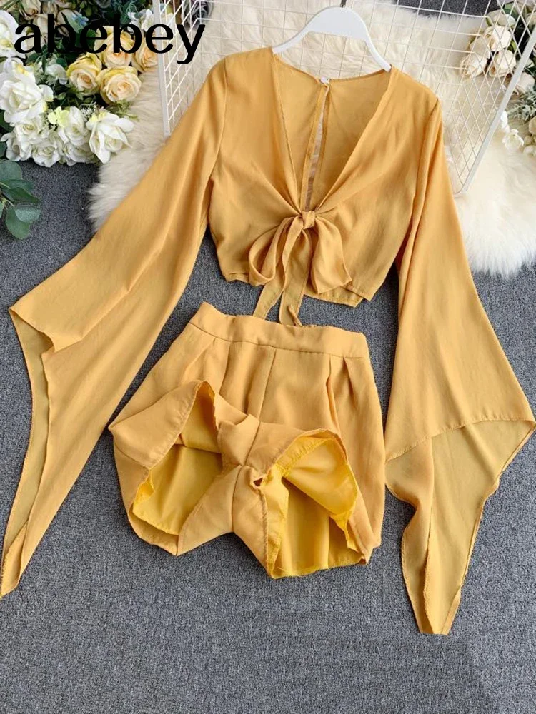 2025 New Summer 2 Piece Outfits For Women Flare Sleeve Crop Top + Broad-legged Shorts Fashion Ladies Sexy Solid Chiffon Suit Set