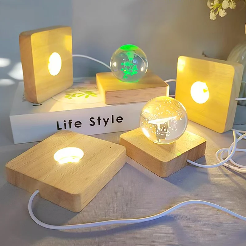 1PCS 6/8/10CM Square LED Luminous Solid Wood Base DIY Crystal Ball Night Lamp Base Rubber Wood USB  Plug-In With Switch Ornament