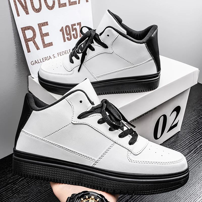 

Brand Men's High-top Sneakers Big size 48 Classic White Skateboard Shoes Men Leather Casual Sneaker Student Platform Board Shoes