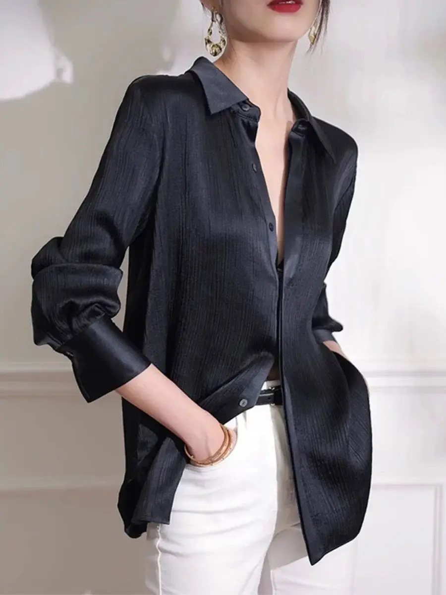 French 2024 Autumn New Style Temperament High-end Satin Texture Acetate High-end Loose Long Sleeved Shirt Top