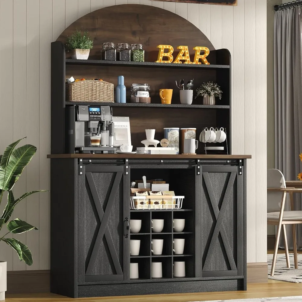 

63" farmhouse coffee bar cabinet with storage, black coffee bar with sliding doors & wine racks, hutch cabinet with storage, adj