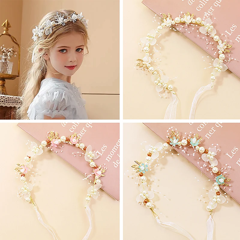 Spring Bohemian Girls Bridal Pearl Hair Headdress Flower Wreath Bride Garland Head Hoop Headbands Hair Jewelry Children Gifts