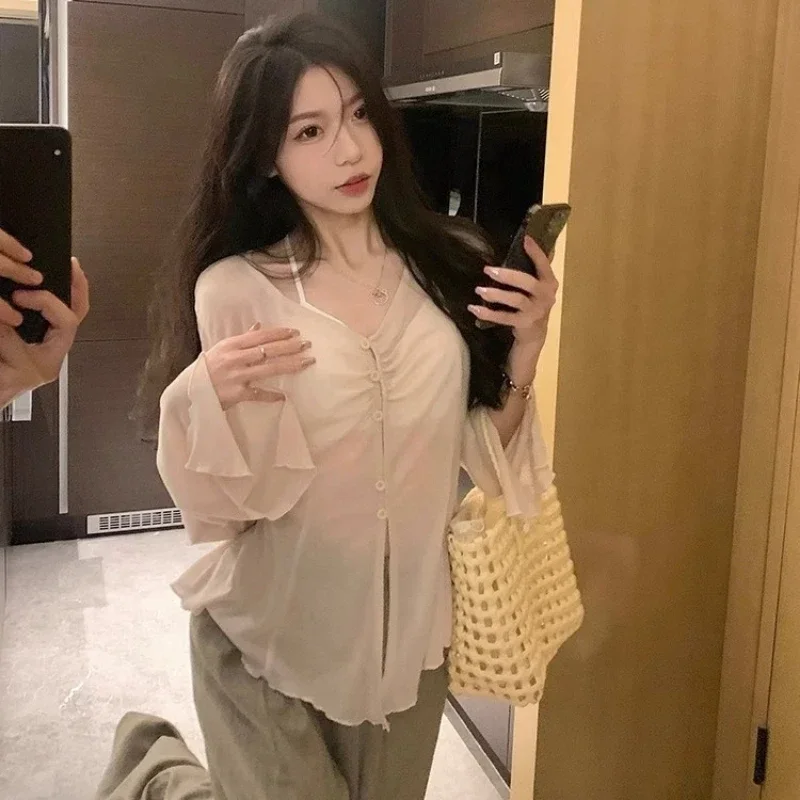 Sheer Flare Sleeve Blouse - Y2K Fairy Sweet Harajuku Pleated Shirt for Women