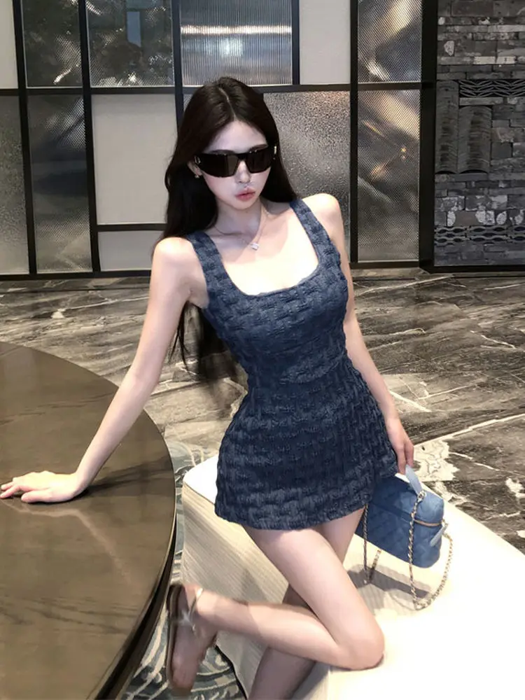 

Summer Pure Desire Hot Girl Square Collar Strapless Denim Dress Women's Slimming Short Skirt Design Cotton Casual A-Line Dress