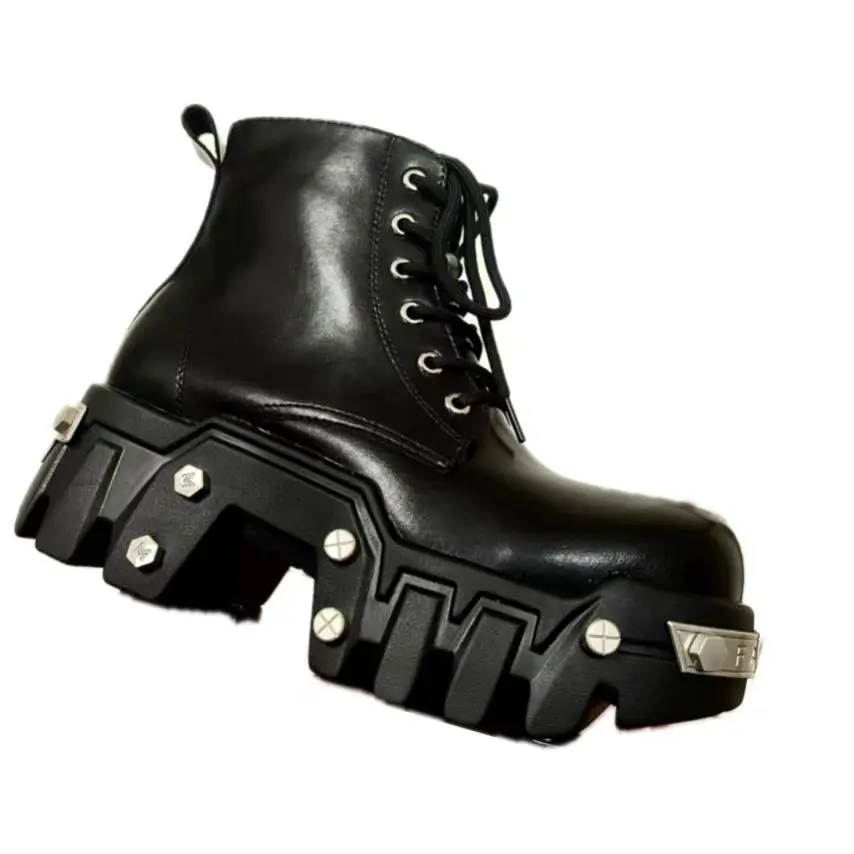 2024 Men Catwalk Bulldozer Series Thick-soled Heightening Fashion Metal Rivets Thick Heel Couple Locomotive Short  Boots