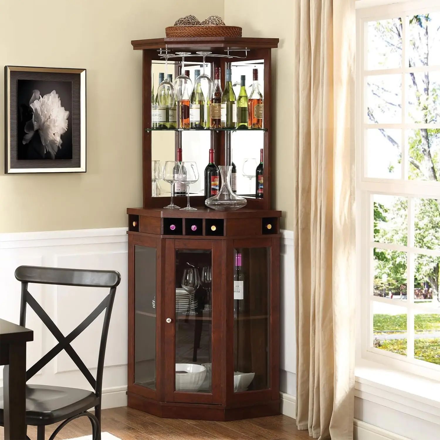 

Wood Frame Corner Bar with 5 Bottle Wine Rack Storage Mahogany Finish Dining Room Lounge Kitchen Art & Crafts Triangle Cabinet