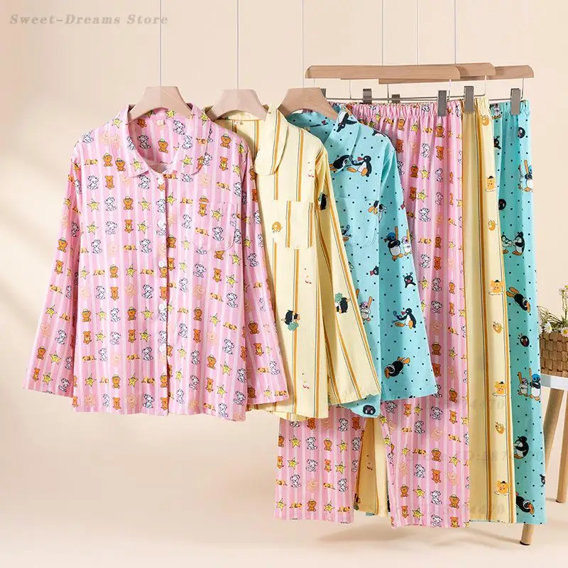 

Хлопковый пижамный комплект из 2 предметов, свободная повседневная домашняя одежда, весенне-осенняя новая одежда для сна для девочек, милая пижама с длинными рукавами Mujer, домашняя одежда