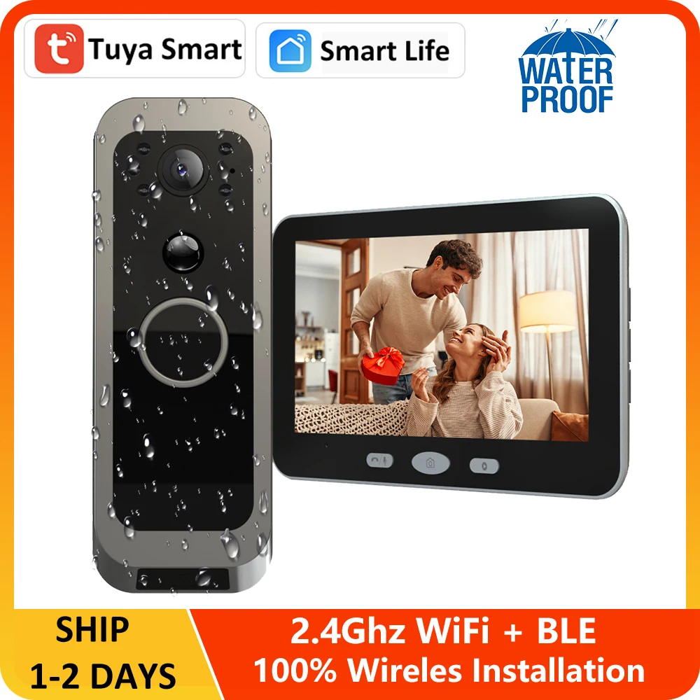 

FHD 1080P Smart Life Tuya APP 2.4G WiFi PIR Outdoor Video Intercom Wireless Security Door Camera System 2MP with 5Inch Monitor