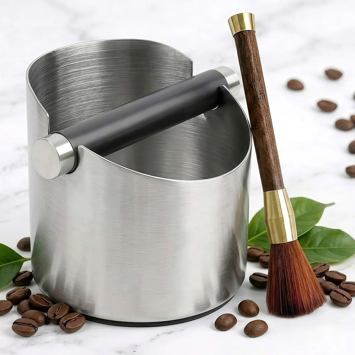 Stainless Steel Espresso Knock Box with Coffee Cleaning Brush Set, Coffee Grounds Waste Bin for Baristas, Coffee Bar & Cafes
