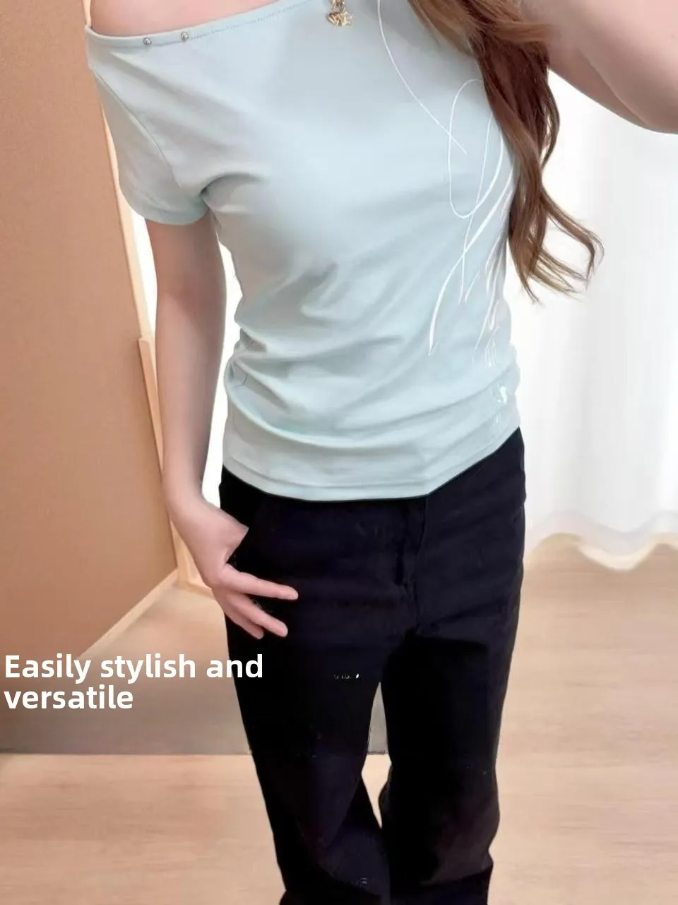 Sexy Short Sleeve Lace Trim Fitted Cross Design Rivet Hollow out American Hot Girl Y2K Mint Green Shoulder T-Shirt for Women