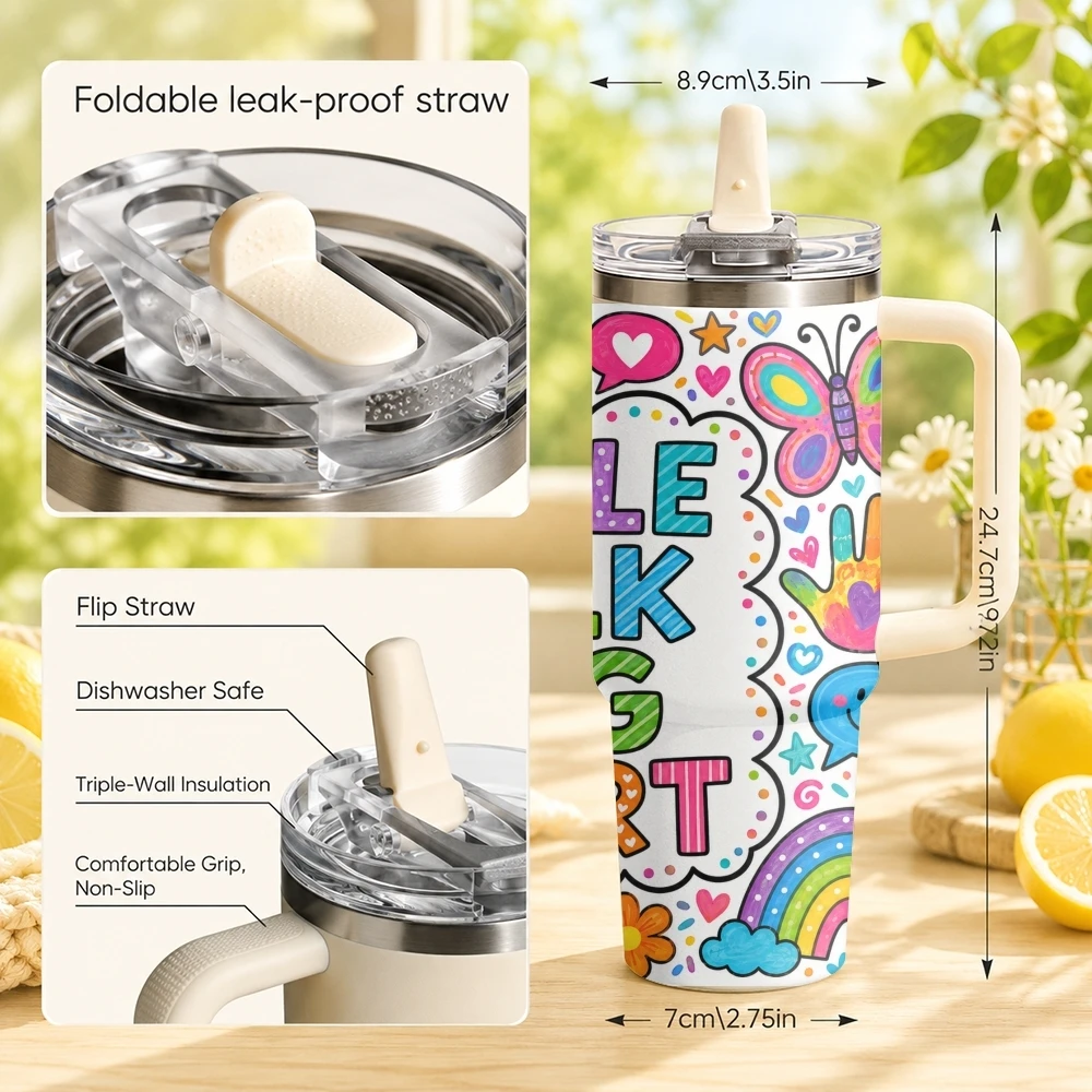 Cute Drawings Vacuum Flasks 40oz Stainless Steel Tumbler with Handle Straw Lid Vacuum Insulated Double Wall Leak Proof