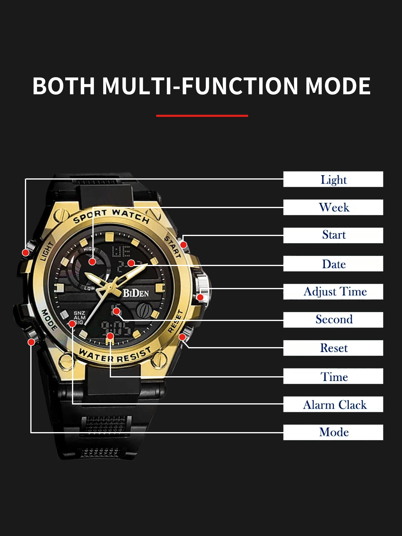 BIDEN men\'s dual display multifunctional sports watch outdoor waterproof dual screen night light watch manufacturer direct sales