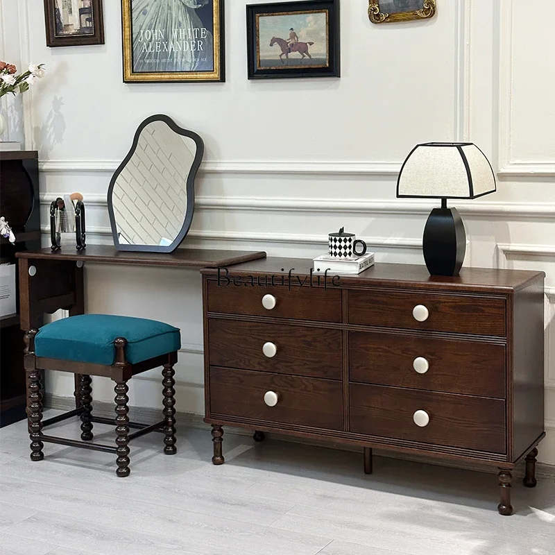 

0 French Retro Solid Wood Seven-Drawer Cabinet for Bedroom and Living Room Wall-Mounted Storage Cabinet