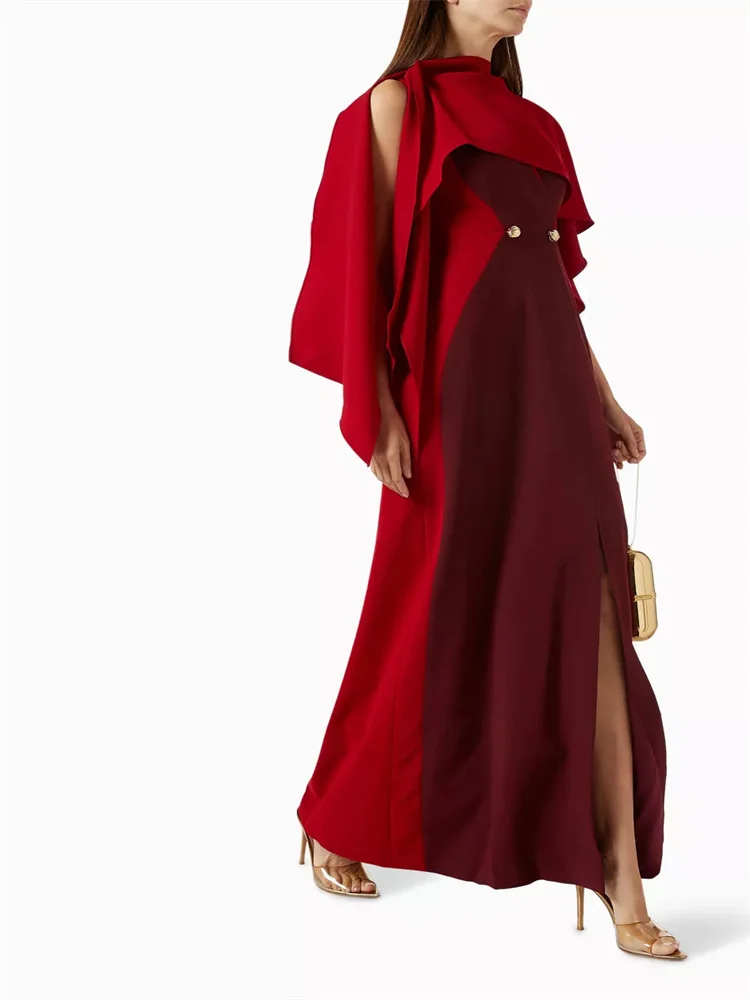 ที่กําหนดเอง V คอแขนกุดที่ถอดออกได้ Cape ซาติน Sheath ชุดราตรีเซ็กซี่กลับซิปความยาวด้านข้างชุดสําหรับสตรี