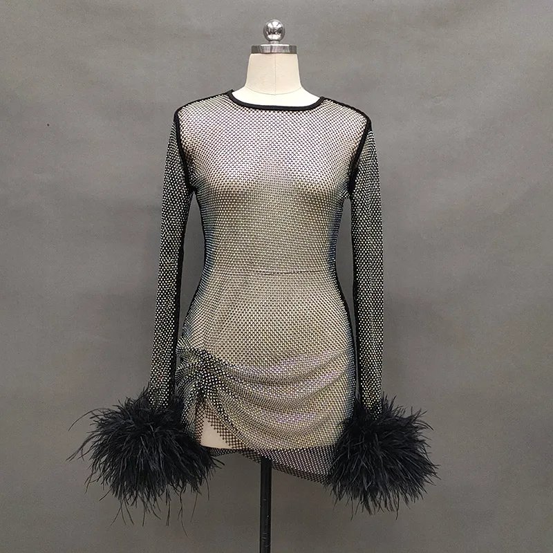 

Feather Cuffs Long Sleeves Crystal Rhinestone Mesh Diamond Ostrich Feather Hollow Round Neck Perspective Bling Dress