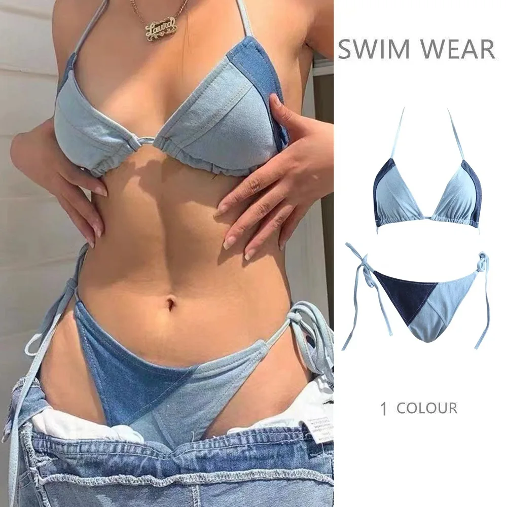 

Denim Bikini Neck Strap Holiday Sweet Overalls Swimsuit with High Sense Inside Bathing Suit Women Bikini Set