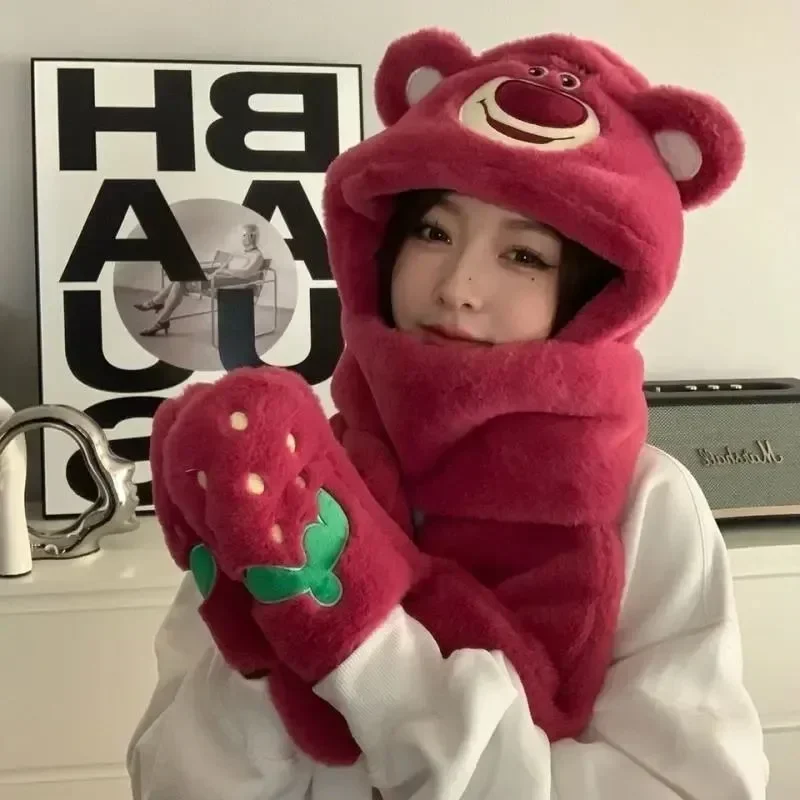 Animation peripheral Lotso winter cute furry scarf hat three-in-one warm winter gloves three-piece set kawaii surprise gift