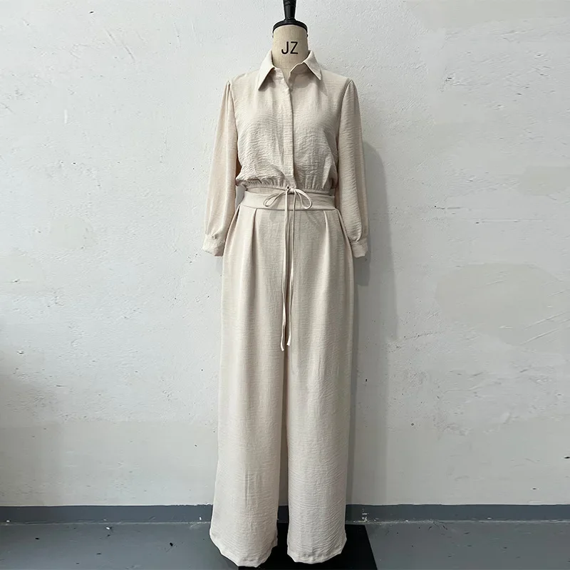 

2 Piece Set Women Shirts Wide Leg Pants Outfits Drawstring Lace Up Ensemble 2025 Autumn Single Breasted Short Top Trousers Suit