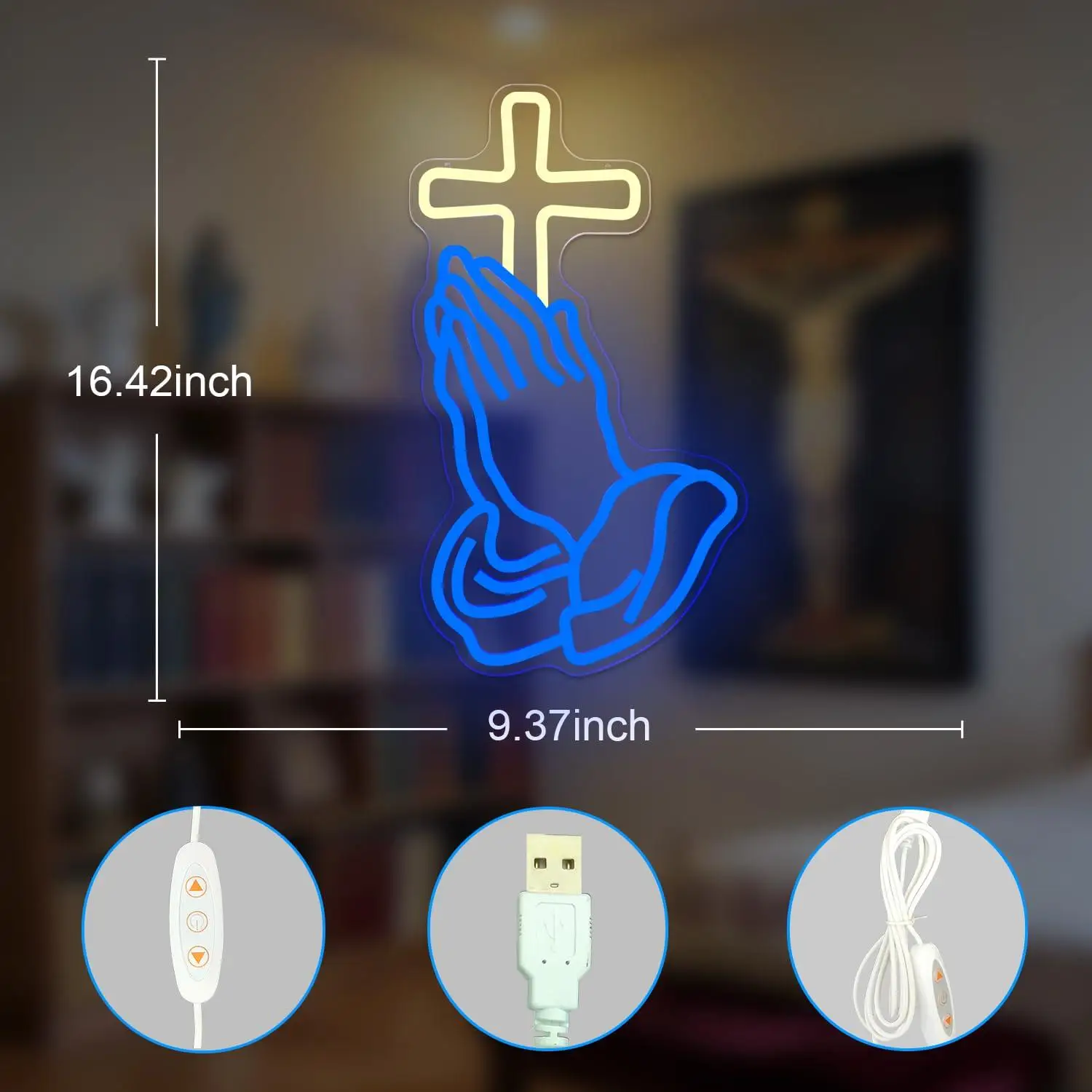 Praying Hands with Cross Neon Sign USB Dimmable LED Neon Light for Bedroom Living Room Office Wall Art Decoration Christian Gift