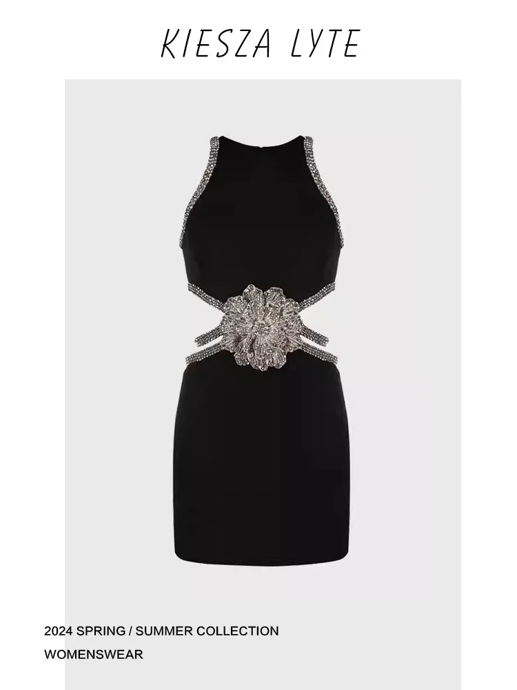 

2024 Summer Fashion party High Street New French Black Hepburn Rhinestone Hollow Sexy Mini Dress for Women birthday Short dress