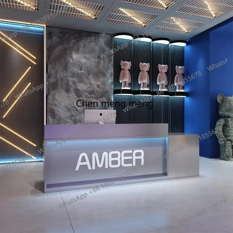 Clothing store, industrial style bar, stainless steel, modern light luxury, beauty salon, gym, front desk, reception table