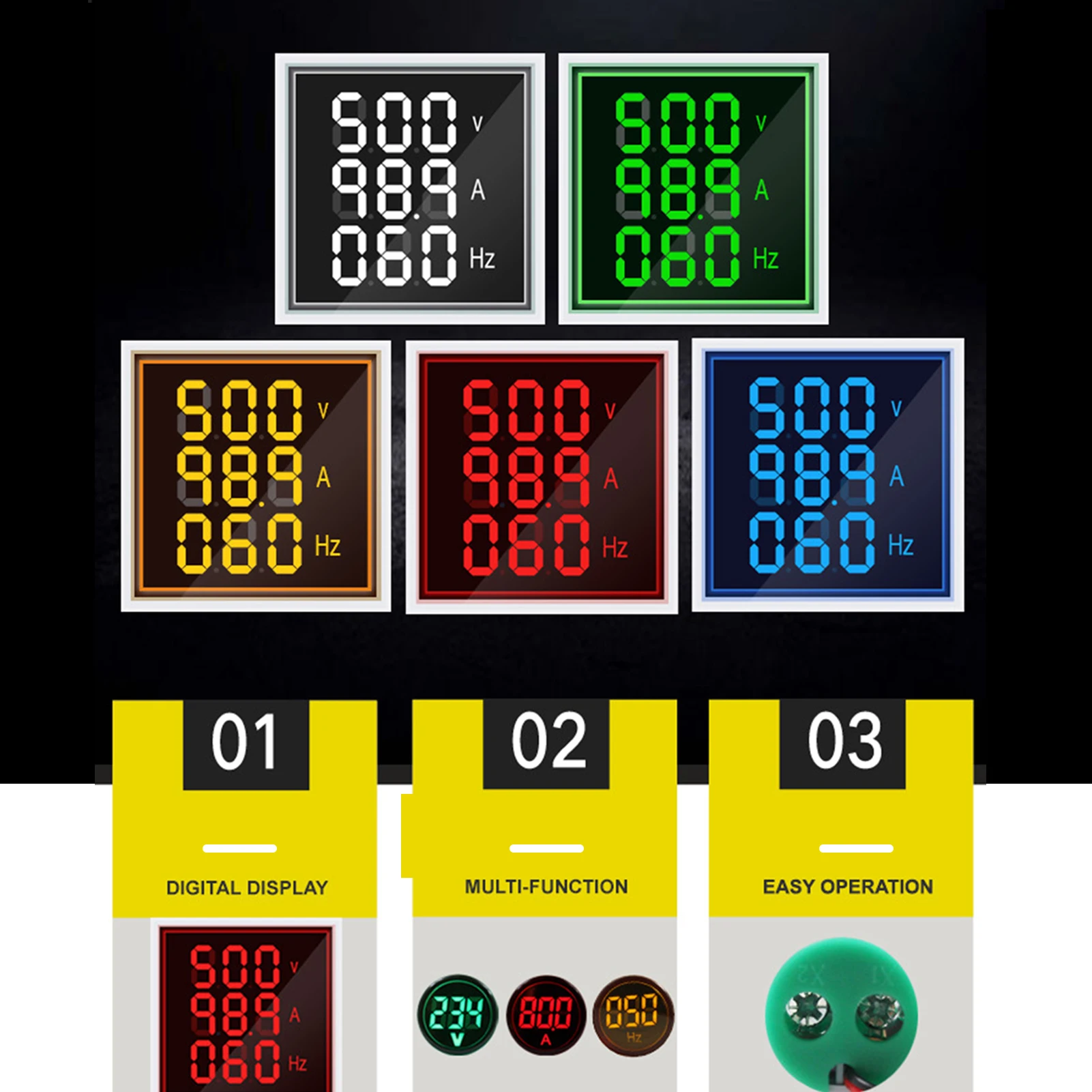 Pantalla de tres dígitos Frecuencia de voltaje de corriente CA Indicador 3 en 1 Monitor de medición LED de cabeza cuadrada de 22 mm AC60-500V 0-100A 20-75 Hz