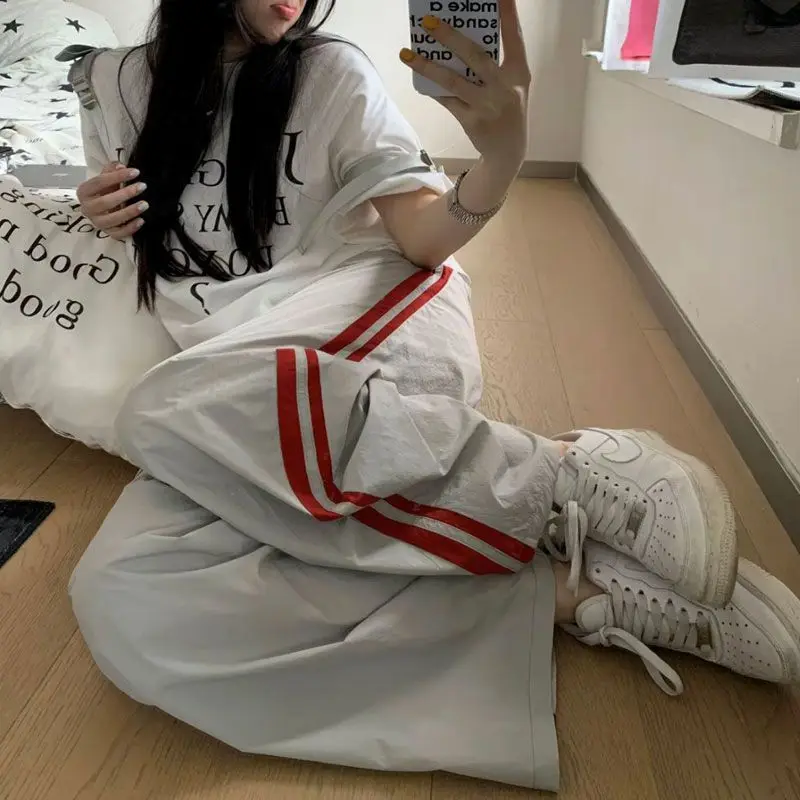 2024 Summer New Retro Striped Sports Speed Drying Pants Loose Casual Thin Wide Leg Pants