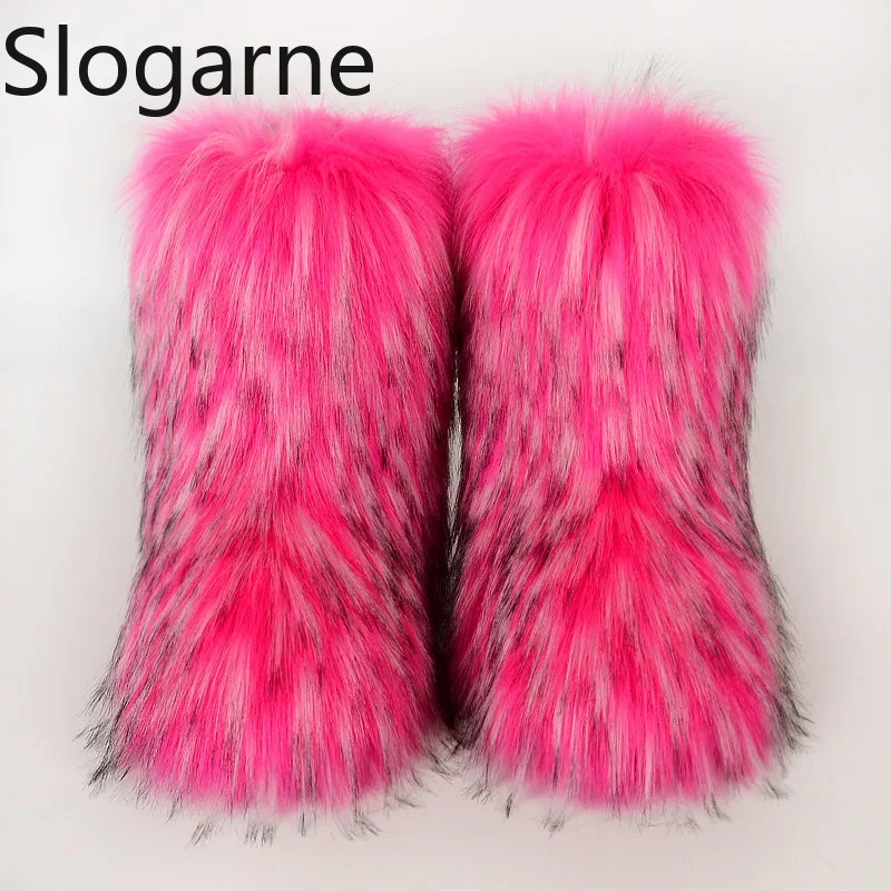 2026 Women Winter Fluffy Fur Boots Woman Furry Snow Boots Plush Warm Outdoor Footwear Girls Luxury Faux Fox Fur Platform Shoes