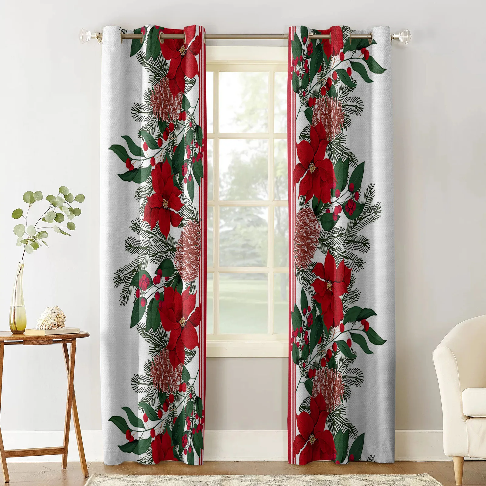 Christmas Poinsettia Pine Needles Pine Cones Window Curtain Made Finished Drapes Home Decor Kids Room Window Treatments Curtains