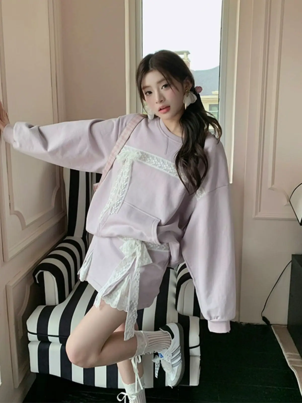 

Japan Sweet Fresh Spring New Casual Lace Taro Purple Sweatshirt Suit Women'S Skirt Two-Piece Set