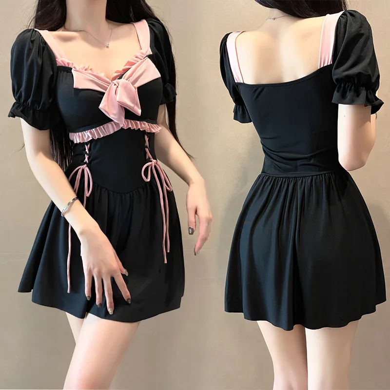 مثير أسود وردي القوس قصيرة الأكمام المايوه قطعة واحدة الدانتيل يصل داخلية فستان قصير كولوتيس البيكينيات مبطن ملابس الشاطئ وتتسابق #4