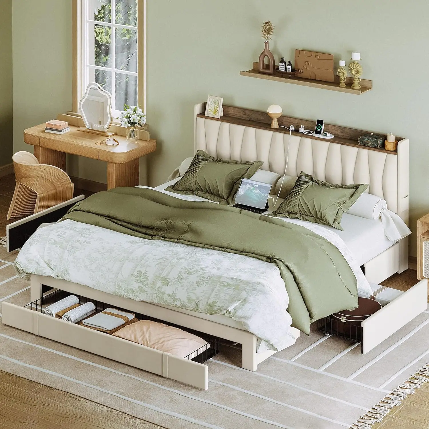 Kingsize Bedframe Met Opberghoofdeinde En Laadstation, Geen Boxspring Nodig, Eenvoudige Montage, Beige