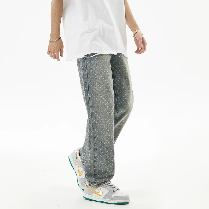 Printed jeans men's hip hop trend fashion street Korean retro distressed Y2K casual loose straight-leg wide-leg pants