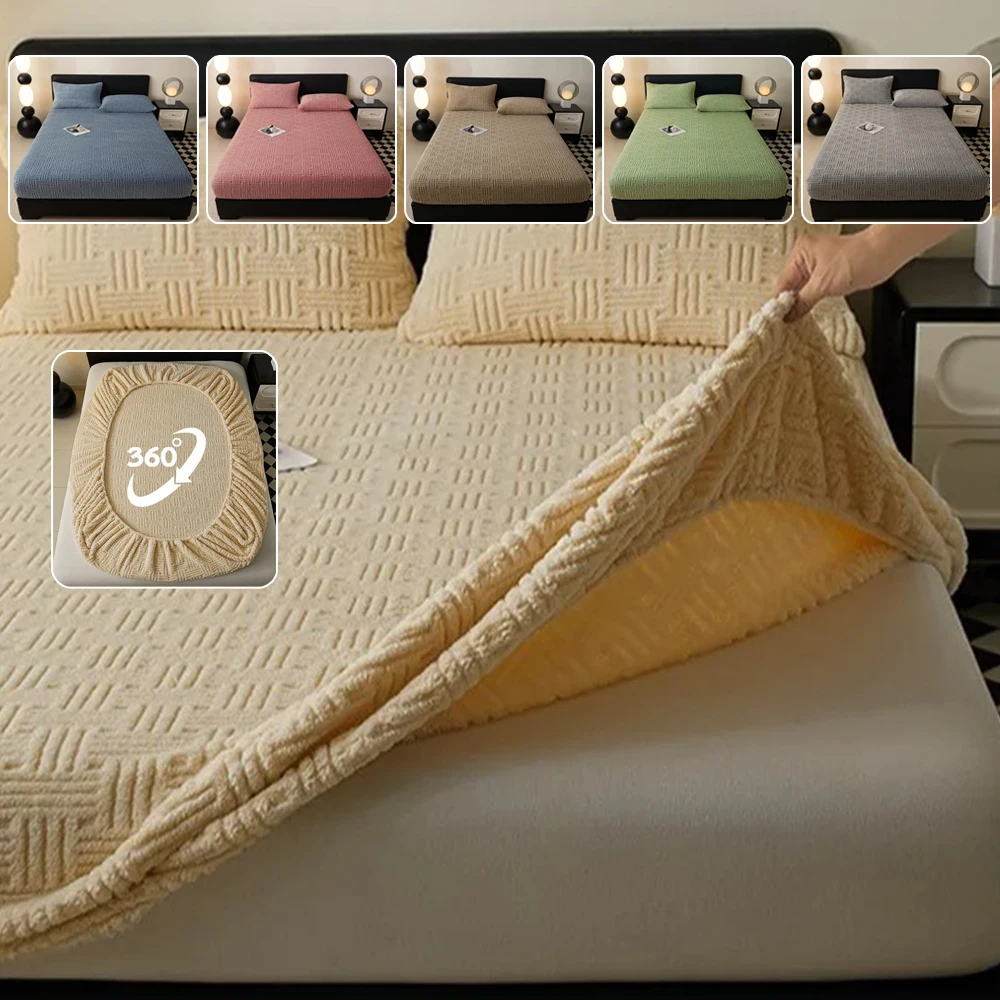 

2025 Plush Fitted Sheet Soft Breathable Mattress Cover with 360 Elastic Band Protector Cover Bedspread Lencol Casal Com Elástico