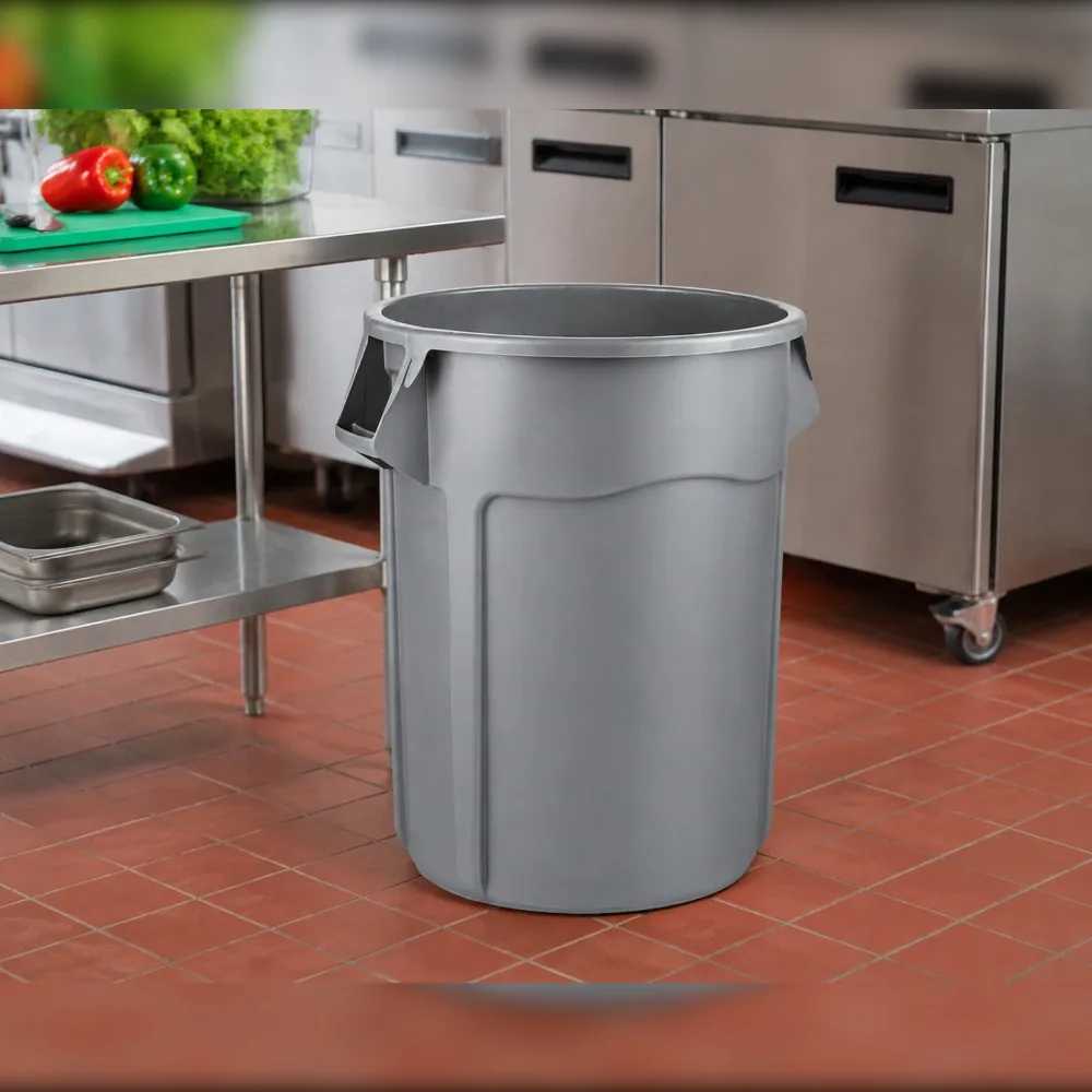 55 Gal Round Brute Plastic Trash Container with Lid, Heavy Duty Commercial Garbage Can, Gray