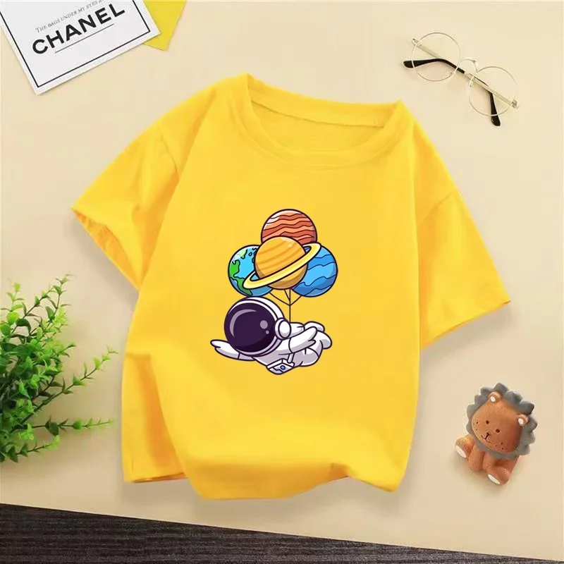 Kids Astronaut Balloon Planets T-shirt, Cute Space Graphic Casual Short Sleeve Cotton Tee for Boys Girls WX150
