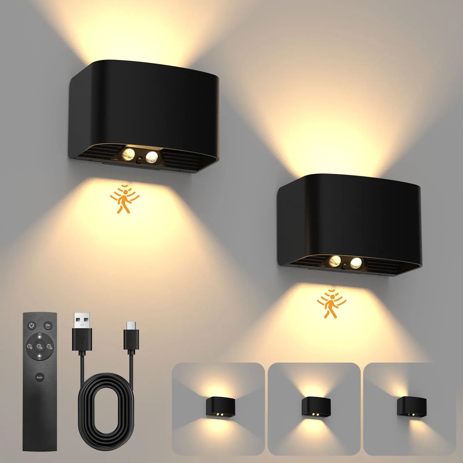 Lámpara de pared interior recargable hacia arriba y hacia abajo con sensor de movimiento lámpara de pared inalámbrica LED blanca cálida con control remoto