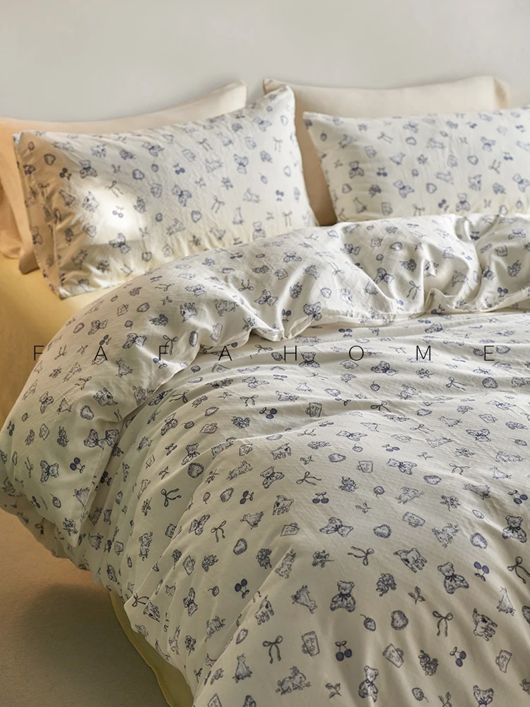 Pure Cotton Breathable Double Layered Bedding Set Four Piece Suite Bed eet Bed Canopy Adorable Pattern for All Seasons