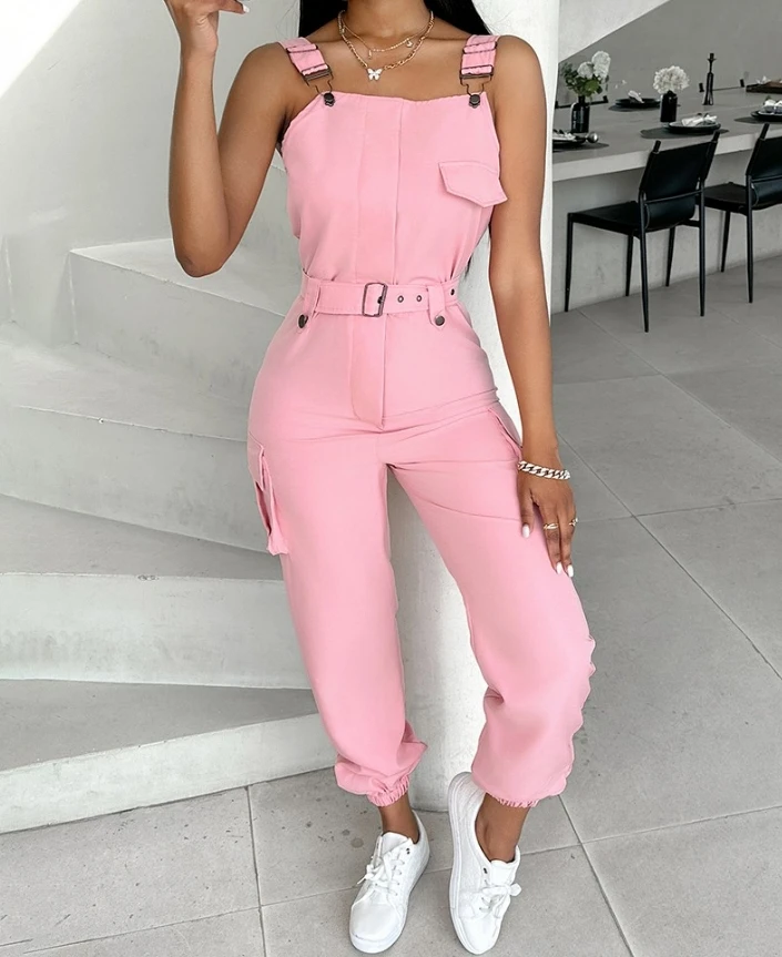 Women's Jumpsuit Summer Solid Sleeveless Square Neck Pocket Buckle Design Casual Suspender Cargo Cuffs Pants With Belt Jumpsuit