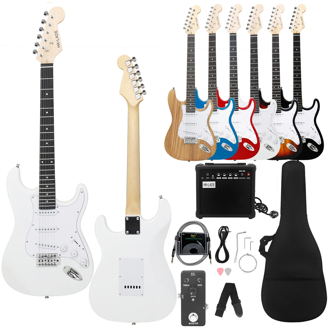 HK-LADE White ST Electric Guitar Set Rosewood Fretboard Electric Guitar Set with Sound Bag Strap Plectrum Strings Amplifier Part