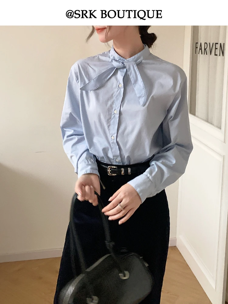 

SRK Vintage Light Blue Cotton irt with Bow Tie Design Simple Inner Wear Commute irt French Sle Loose Fit Long Sve