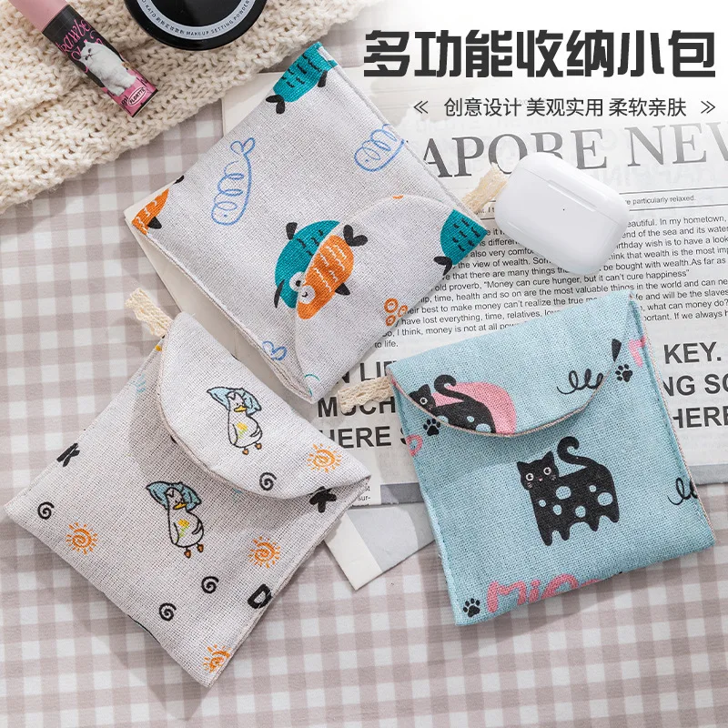 

Cartoon Cute Cotton Linen Portable Sanitary Napkin Storage Bag For Students Lazy Cat Happy Duck Happy Fish Olive Leaf Monstera Elephant Wave Square Lucky Cat Blue Background Yellow Cat